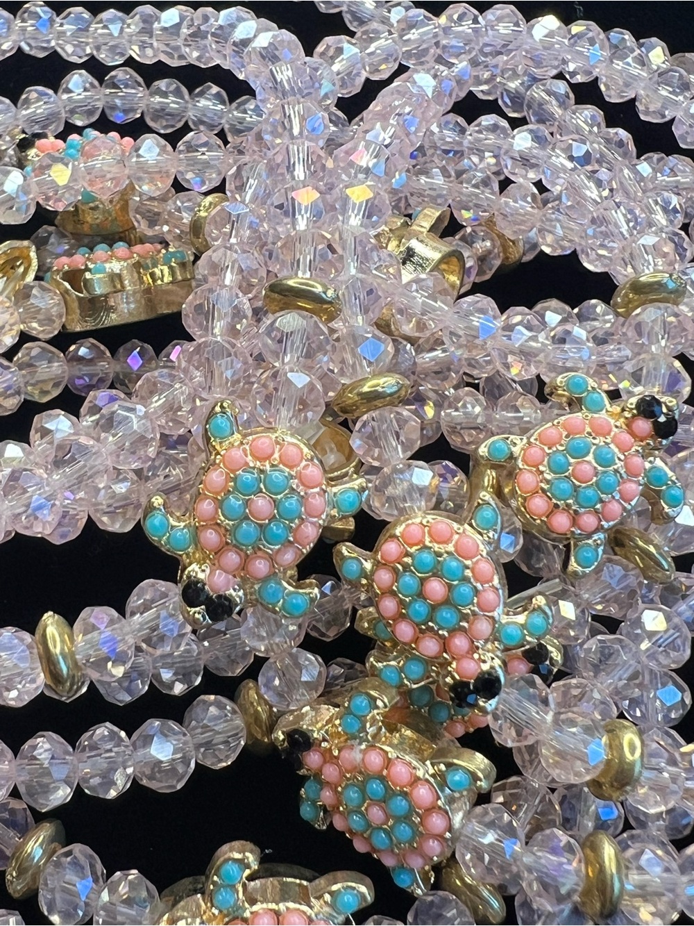 Pink/Turquoise Gold Turtle Crystal with Pink Beaded Bracelet NWOT
